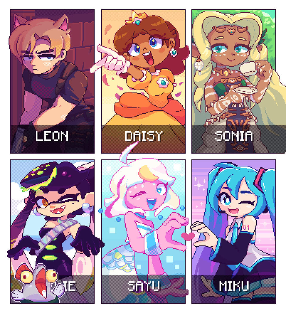 ~ A series of six illustrations of various characters depicted in a pixel art style ~
