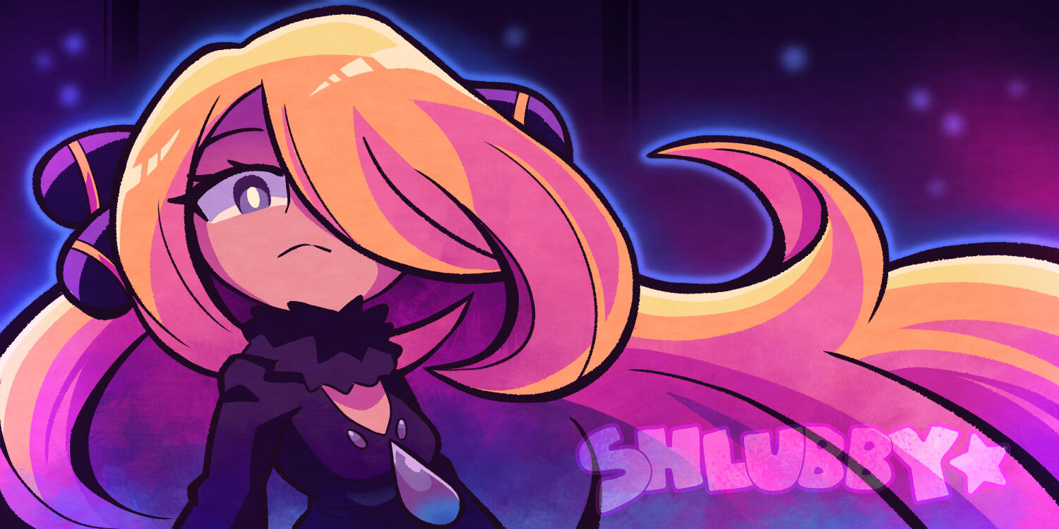 Stylised illustration of Cynthia from the Pokemon series